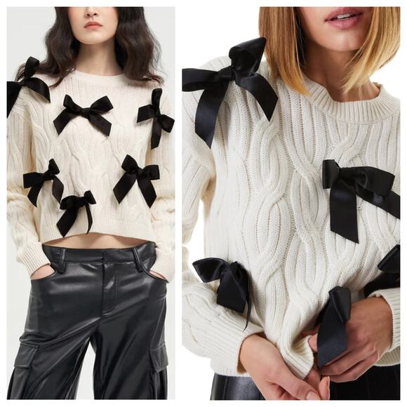 ALICE + OLIVIA Cream Beau Relaxed Fit Black Bow Detail Cable Sweater Small - Picture 1 of 7